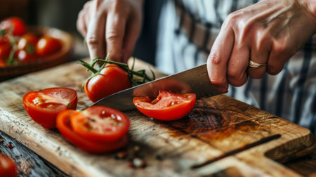 A person slicing a juicy tomato with a sharp knife on a wooden cutting board.の素材