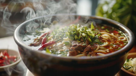 A steaming bowl of beef noodle soup with fresh herbs and chilies, showcasing the rich broth and tender meat.の素材