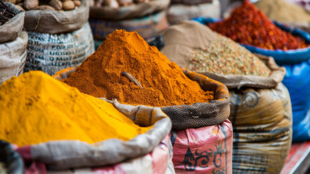 A market stall filled with bags of colorful spices, including turmeric, paprika, and cumin.の素材