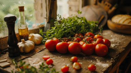 A rustic kitchen counter with tomatoes, garlic, and herbs, ingredients for homemade pasta sauce.の素材