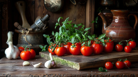 A rustic kitchen counter with tomatoes, garlic, and herbs, ingredients for homemade pasta sauce.の素材