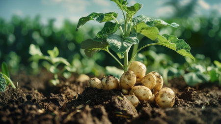 A potato plant being unearthed, revealing the cluster of tubers growing beneath the soil.の素材