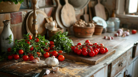 A rustic kitchen counter with tomatoes, garlic, and herbs, ingredients for homemade pasta sauce.の素材