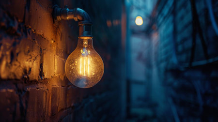 A single light bulb glowing in a dark alleyway, providing a sense of mystery and intrigue.の素材