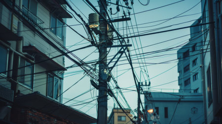 A telecommunication signal pole in an urban area, with cables and wires connecting to nearby buildings.の素材