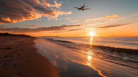 A serene sunset over a quiet beach with an airplane flying overhead, symbolizing the end of a perfect travel dayの素材