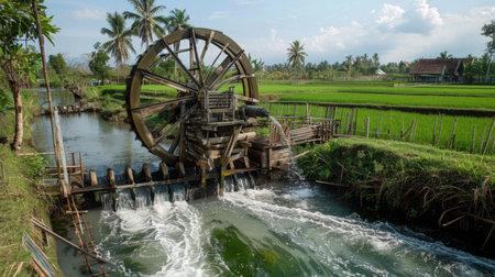 A traditional wooden waterwheel drawing water from a canal to irrigate rice fields.の素材