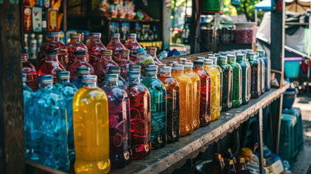 A Thai herbal drink stall at a local market, with colorful bottles and jars displayed.の素材