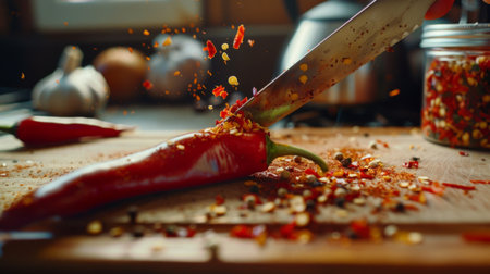 A spicy chili pepper being sliced with a knife on a cutting board, with seeds visible.の素材