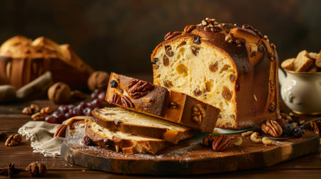 A traditional Italian panettone cake surrounded by slices of bread, nuts, and dried fruits, ready for dessert.の素材