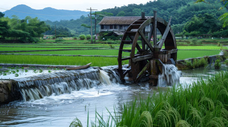 A traditional wooden waterwheel drawing water from a canal to irrigate rice fields.の素材