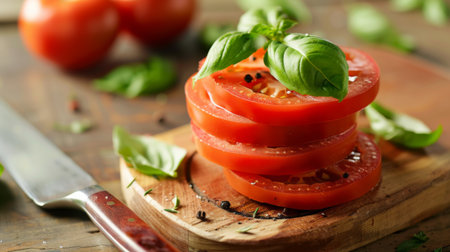A stack of tomato slices on a cutting board, with a knife and fresh basil leaves nearby.の素材