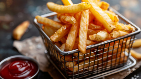 A stack of golden French fries in a metal basket, with a side of ketchup for dipping.の素材