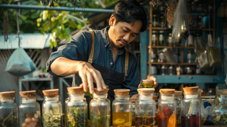 A Thai herbalist labeling glass bottles filled with various herbal drinks, ready for sale.の素材
