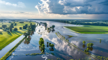 Aerial view of a flooded river overflowing its banks, submerging fields and roads after heavy rains.の素材