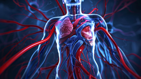 An anatomical illustration of the human circulatory system, highlighting major veins and arteries.の素材