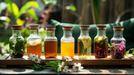 A variety of Thai herbal drinks displayed on a wooden tray, showcasing the diversity of flavors and ingredients.の素材