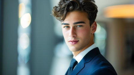 A young businessman with a classic side part hairstyle, wearing a suit and tie in a professional setting.の素材