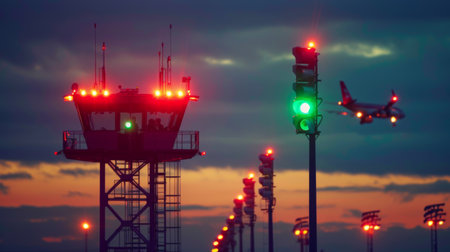An airport signal light tower with red and green lights guiding aircraft during takeoff and landing.の素材