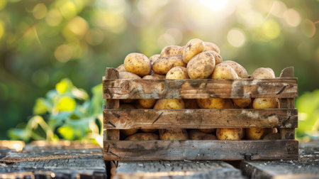 A wooden crate filled with freshly harvested potatoes, sitting on a farm table.の素材