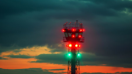 An airport signal light tower with red and green lights guiding aircraft during takeoff and landing.の素材