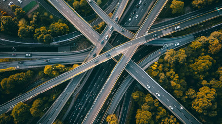 Aerial view of highways and overpasses with cars moving in different directions during daytime traffic.の素材