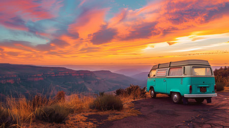 A vintage camper van parked on a scenic mountain road overlook, with a sunrise painting the sky.の素材