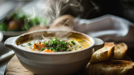 Close-up of a bowl of steaming hot soup garnished with fresh herbs and a side of artisan bread.の素材