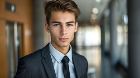 A young businessman with a classic side part hairstyle, wearing a suit and tie in a professional setting.の素材
