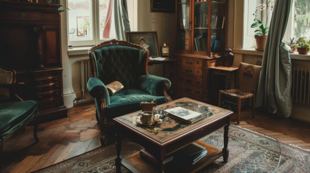 A vintage-style living room with antique furniture, including a velvet armchair and wooden coffee table.の素材