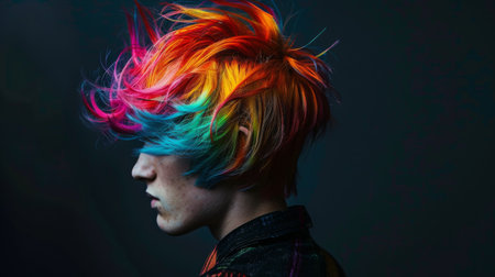 A young man with a vibrant colored hair, showcasing a bold and artistic approach to personal style.の素材