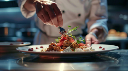 Close-up of a chef's hands plating up a gourmet dish on a white porcelain plate with artistic food arrangement.の素材