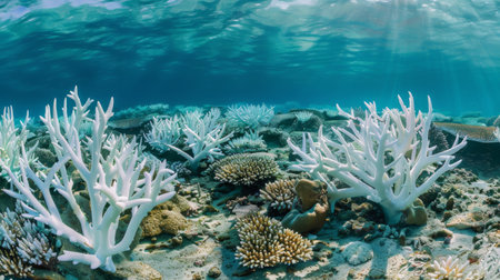 Close-up of a coral reef bleached and dying due to rising sea temperatures caused by global warming.の素材
