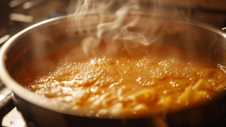 Close-up of a bubbling pot of creamy pasta sauce simmering on a stove, filling the kitchen with aroma.の素材