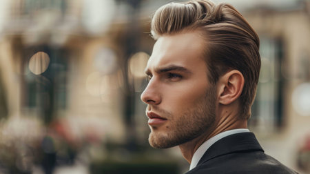 Close-up of a man with a dapper slicked-back hairstyle, suitable for formal occasions and events.の素材