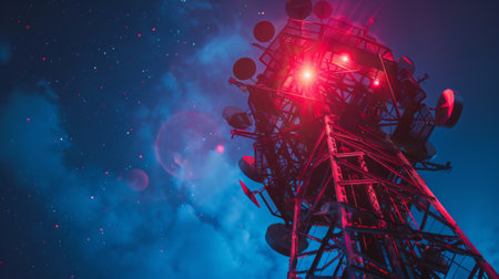 Close-up of a radar tower with rotating antennas scanning the sky for weather and aircraft signals.の素材