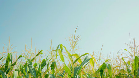 Corn plants swaying in the breeze under a clear blue sky, capturing a sunny day in the field.の素材