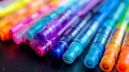 Close-up of a colorful array of gel pens arranged neatly on a desk, ready for creative writing.の素材