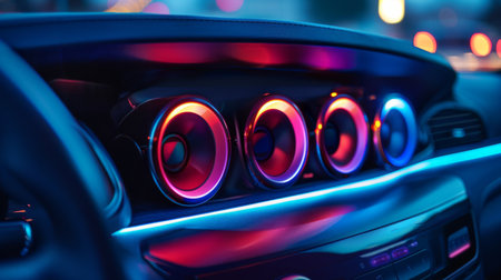 Dashboard-mounted speakers emitting colorful LED lights synchronized with music beats.の素材