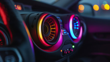 Dashboard-mounted speakers emitting colorful LED lights synchronized with music beats.の素材