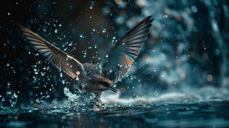 Close-up of a swift diving towards the water's surface to catch fish, wings outstretched.の素材