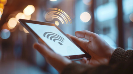 Close-up of a hand holding a tablet with a Wi-Fi icon on the screen, checking online connectivity.の素材