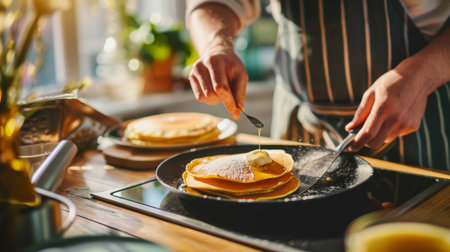 Close-up of a person flipping pancakes on a griddle pan, golden brown and fluffy, in a sunny kitchen.の素材