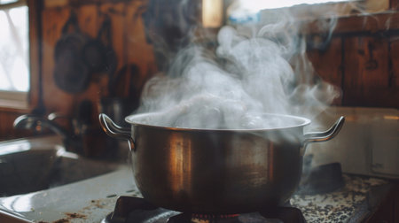 Close-up of steam escaping from a covered pot of homemade soup on a rustic farmhouse stove.の素材