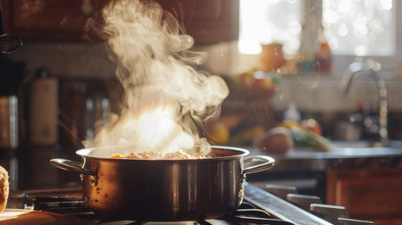 Close-up of steam escaping from a covered pot of homemade soup on a rustic farmhouse stove.の素材