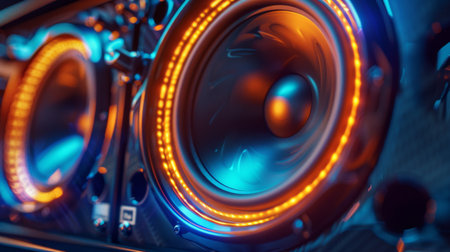 Close-up of a powerful car audio speaker with vibrant LED lights, enhancing the interior.の素材