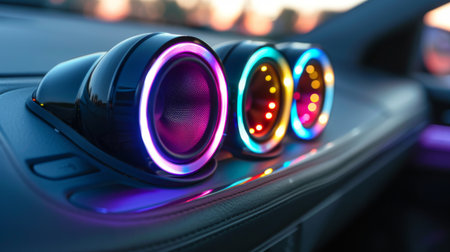 Dashboard-mounted speakers emitting colorful LED lights synchronized with music beats.の素材