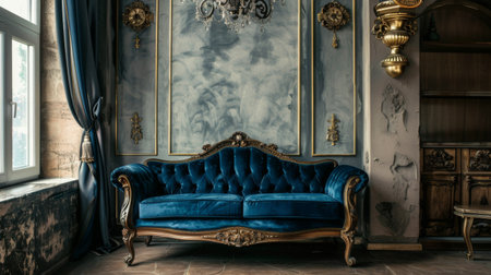 Elegant velvet sofa in a classic interior setting, with antique decorの素材