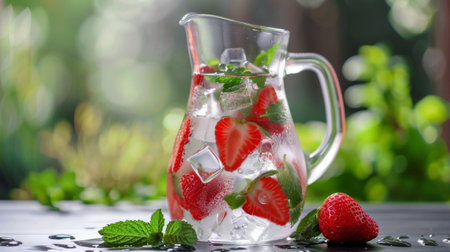 A strawberry-infused water in a glass pitcher with ice cubes and mint leavesの素材