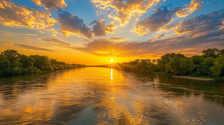 Sunset over a wide river with dramatic sky reflections, golden hour landscapeの素材